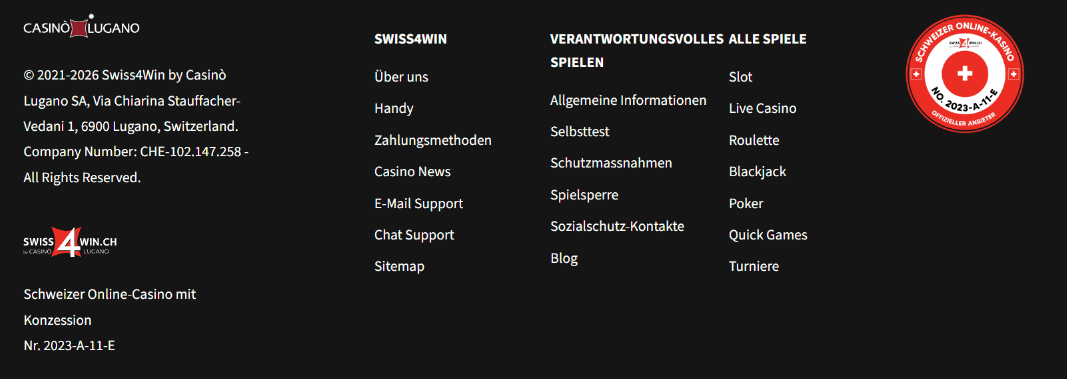 Beispiel eines Impressums mit ESBK-Konzessionsnummer beim Anbieter Swiss4win