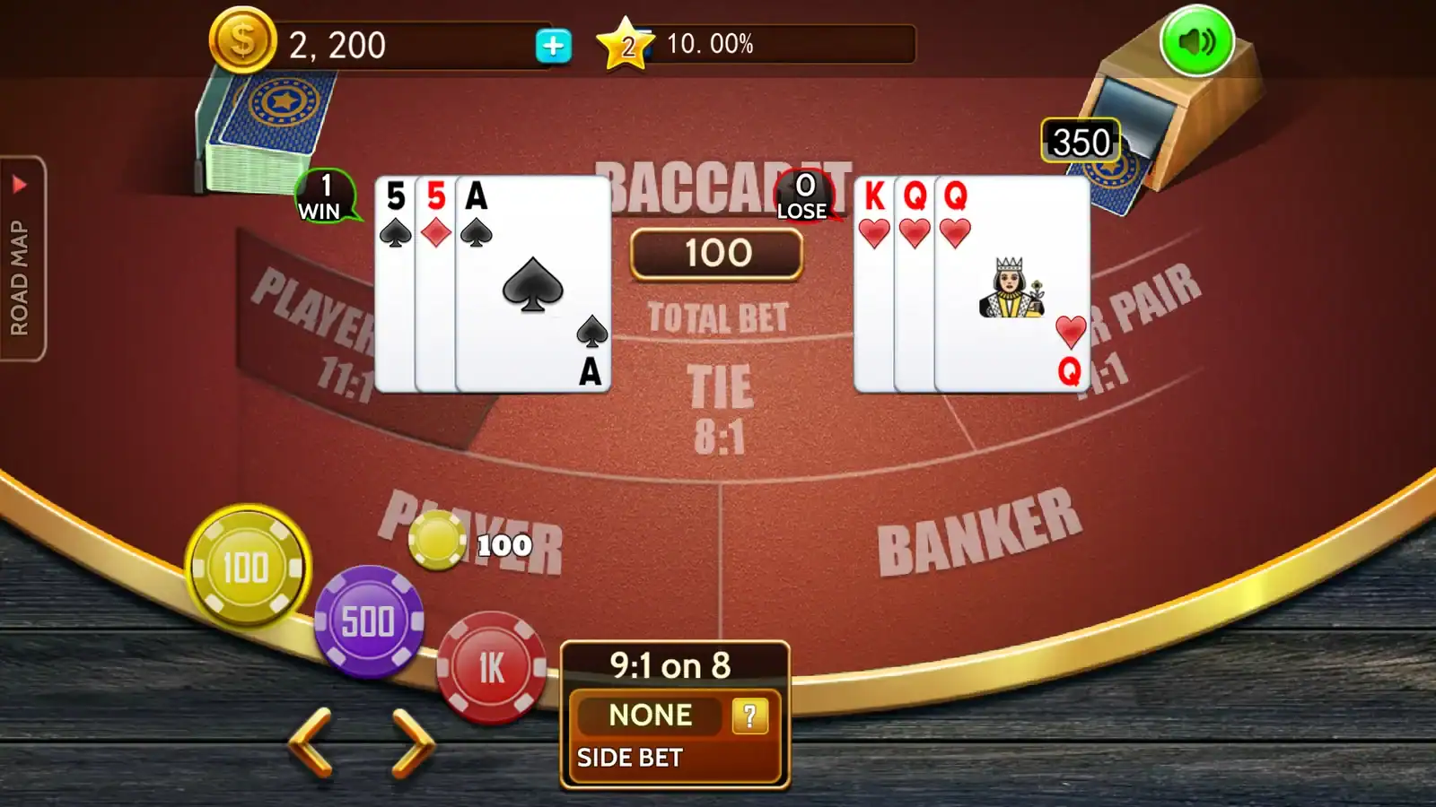 Application mobile de baccara avec cartes, jetons et mise Application mobile de baccara avec cartes, jetons et mise