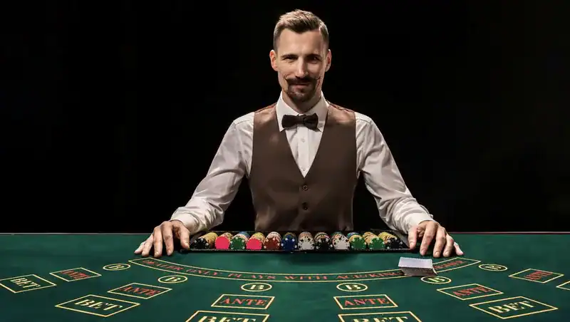 Croupier an einem Blackjack-Tisch bei den Optionen Hit oder Stand