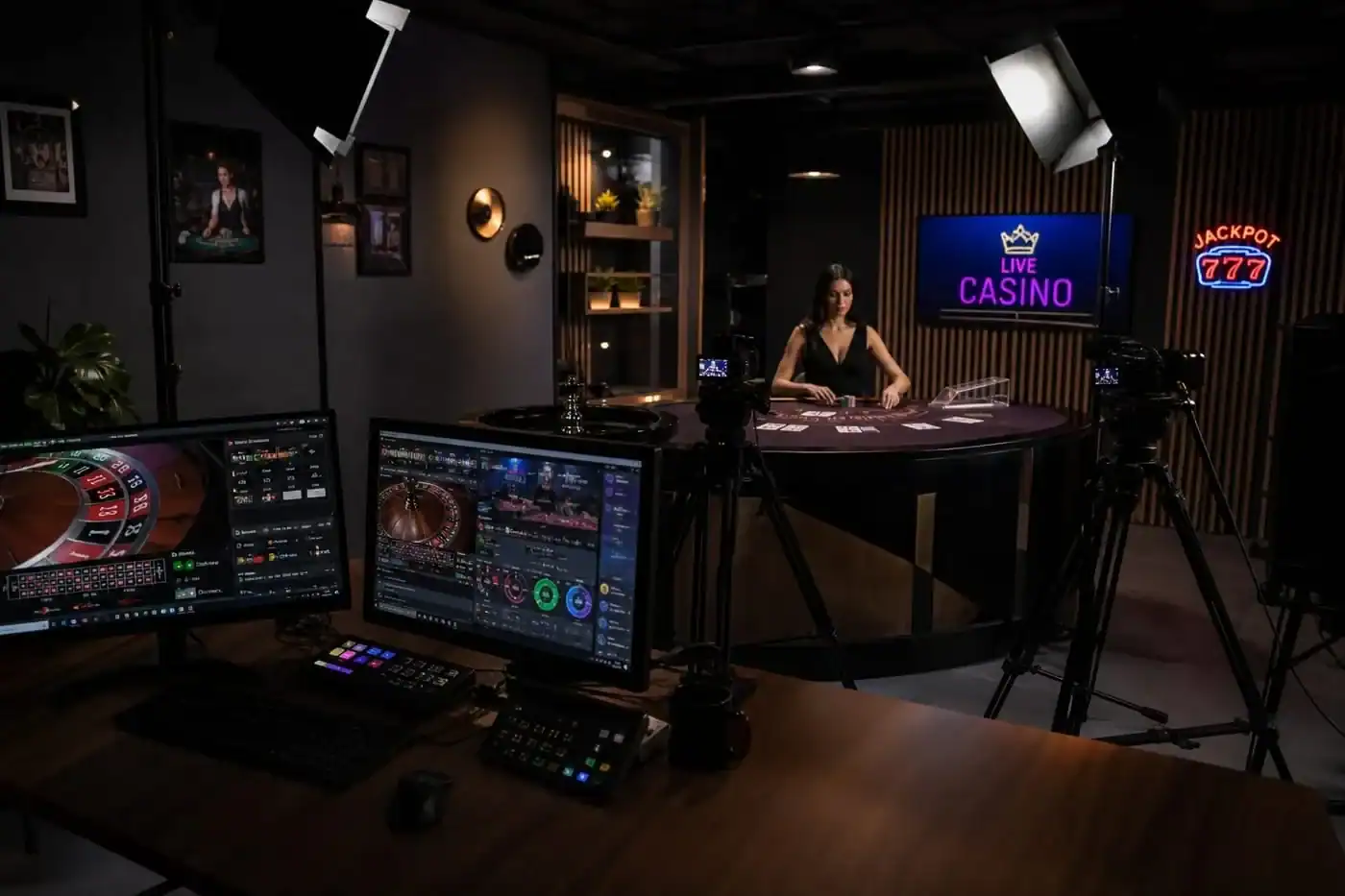 Croupier de roulette en direct dans un studio de casino live Croupier de roulette en direct dans un studio de casino live