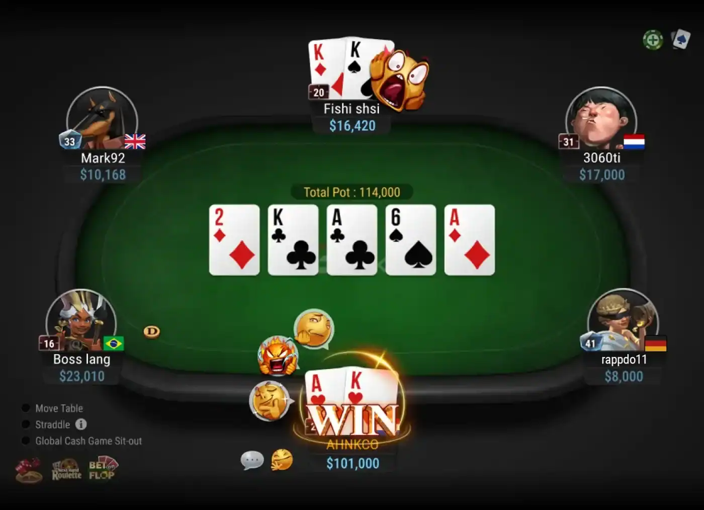 All-in-Sieg an einem Texas-Hold'em-Tisch All-in-Sieg an einem Texas-Hold'em-Tisch